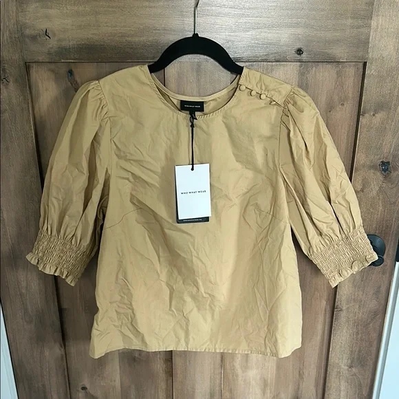 NWT Who What Wear Tan Puff Sleeve Blouse - Picture 2 of 14